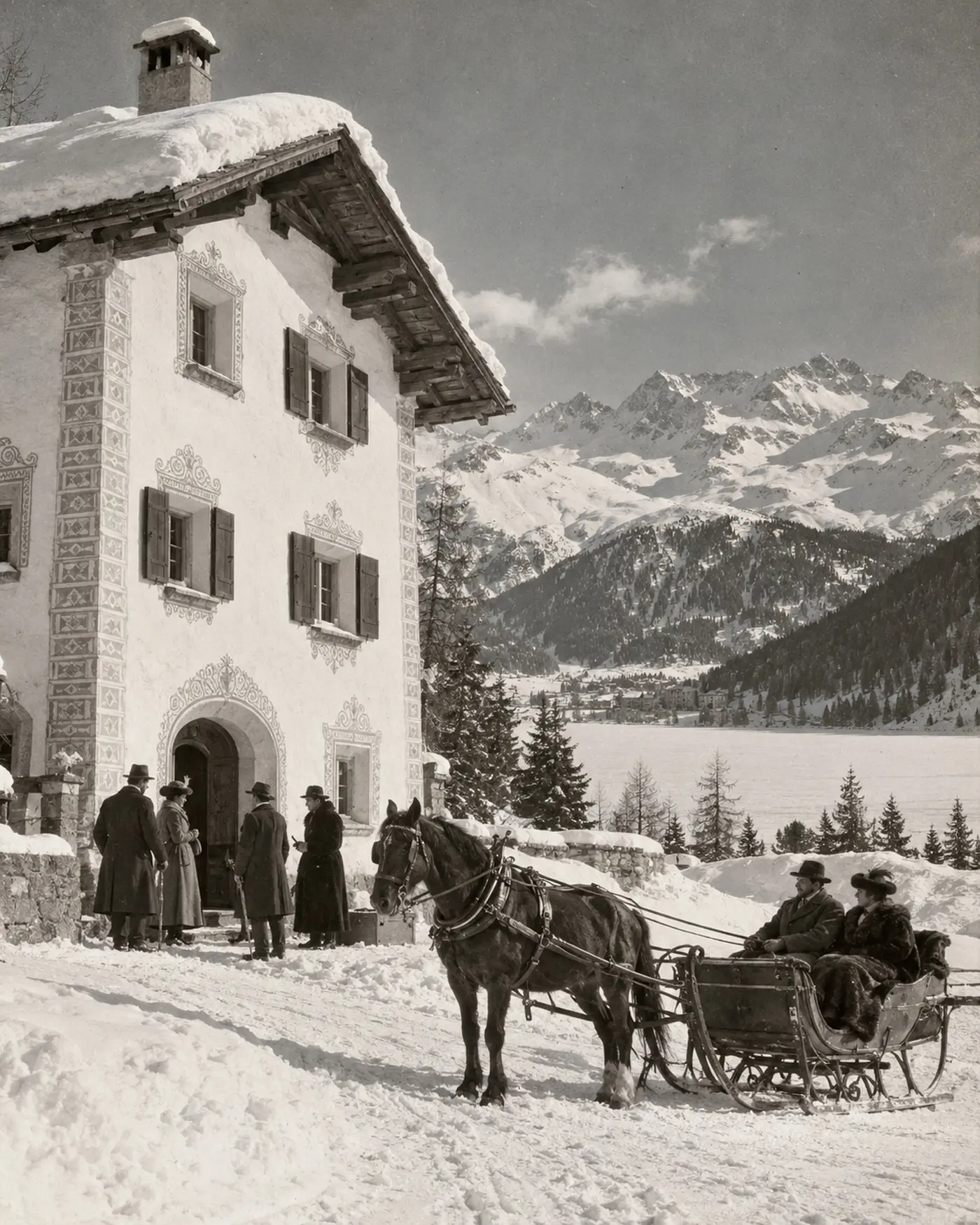 An archival photograph of the guesthouse in winter around 1908, a horse-drawn sleigh in front