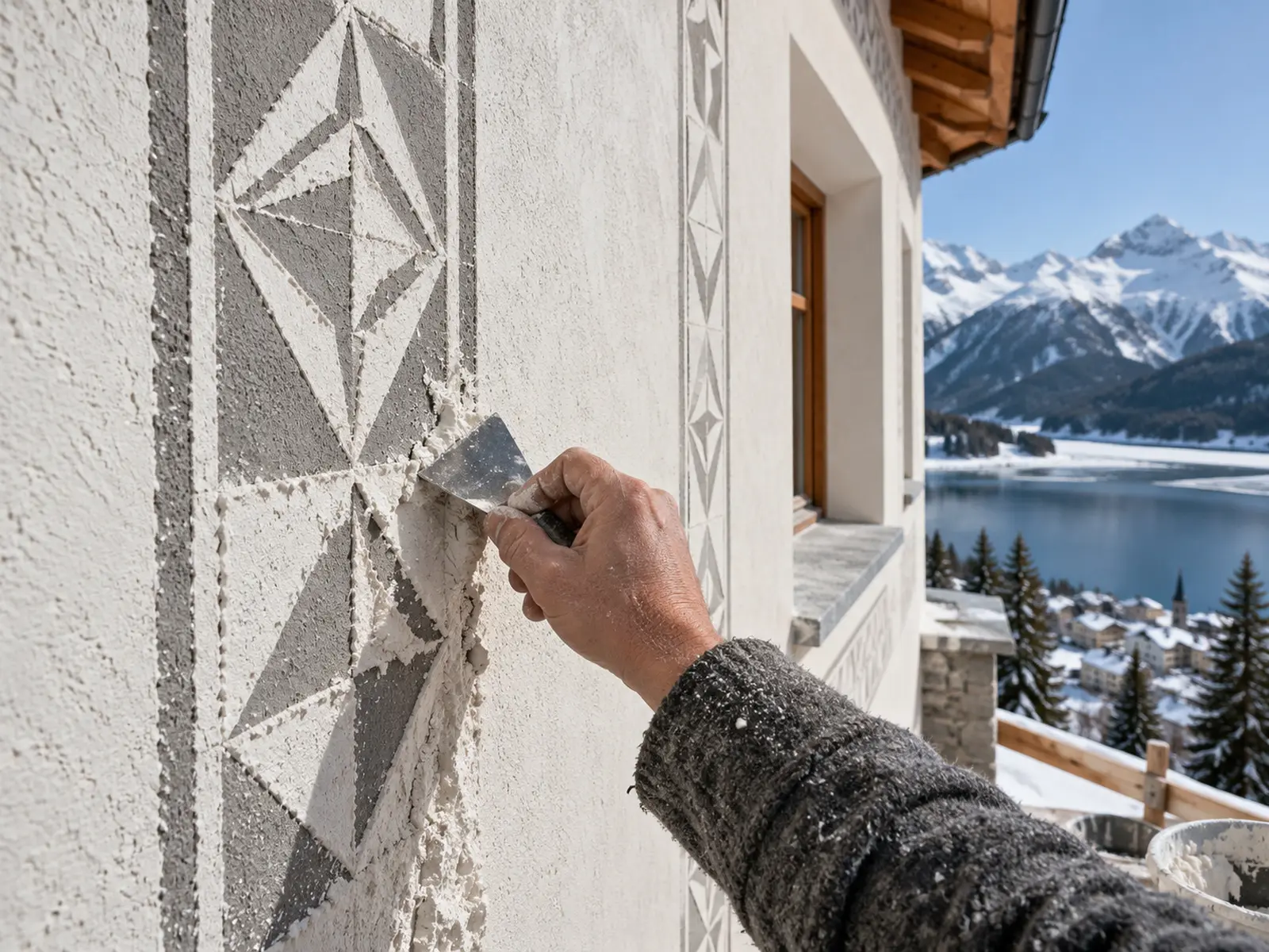 A hand scratching a geometric pattern into fresh white lime plaster