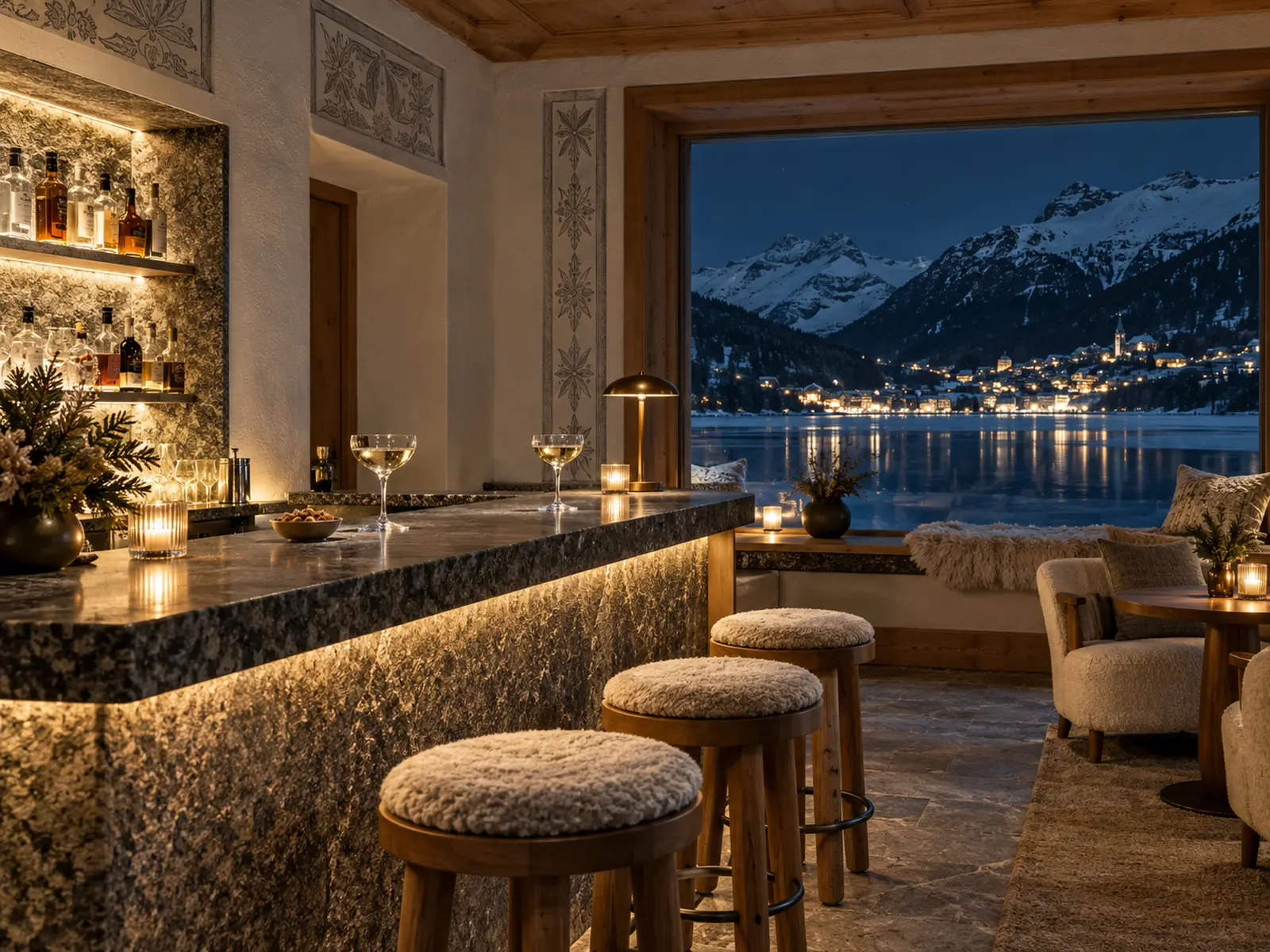 Bar 1822 at night: a granite bar, two coupes of champagne, the dark lake and town lights