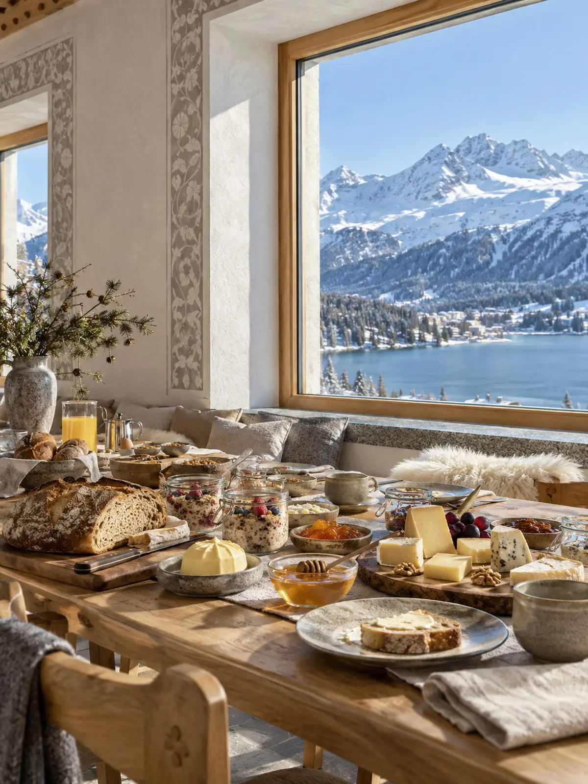 A breakfast table by a sunny window with bread, honey and cheese