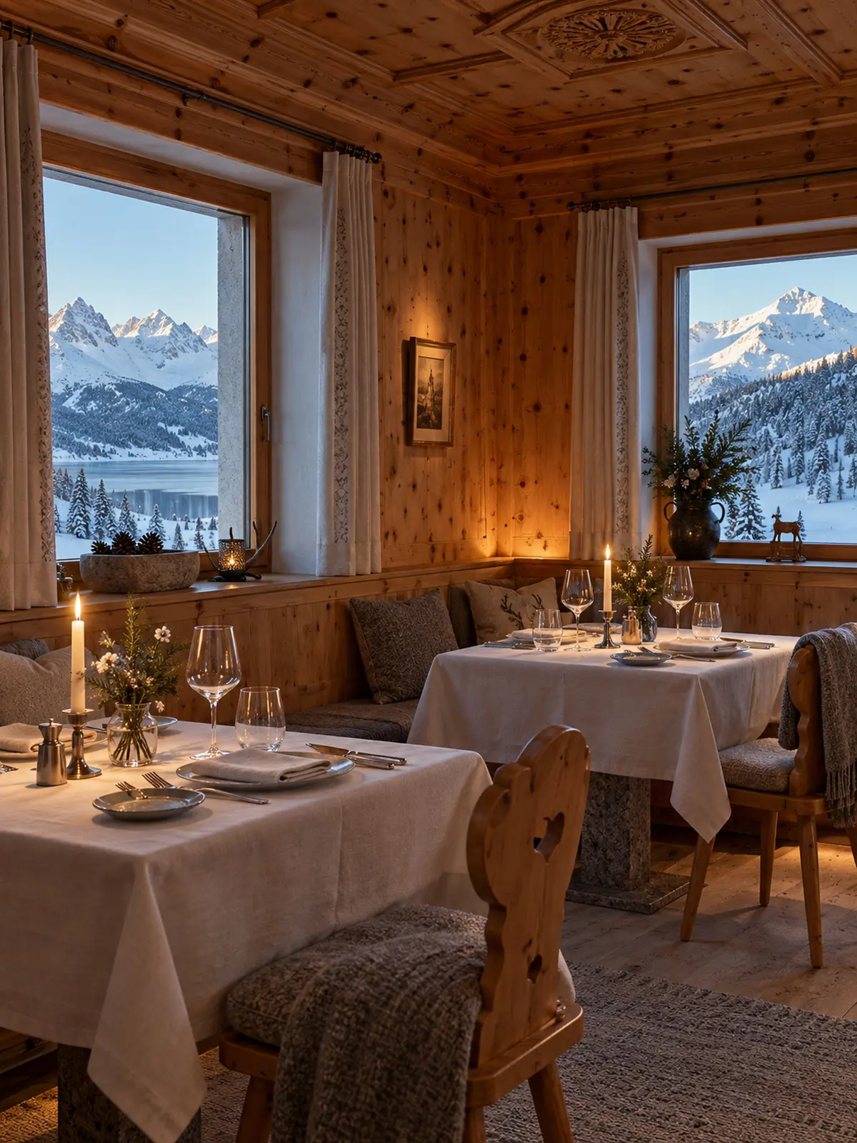 Candlelit tables in the small stone-pine dining room