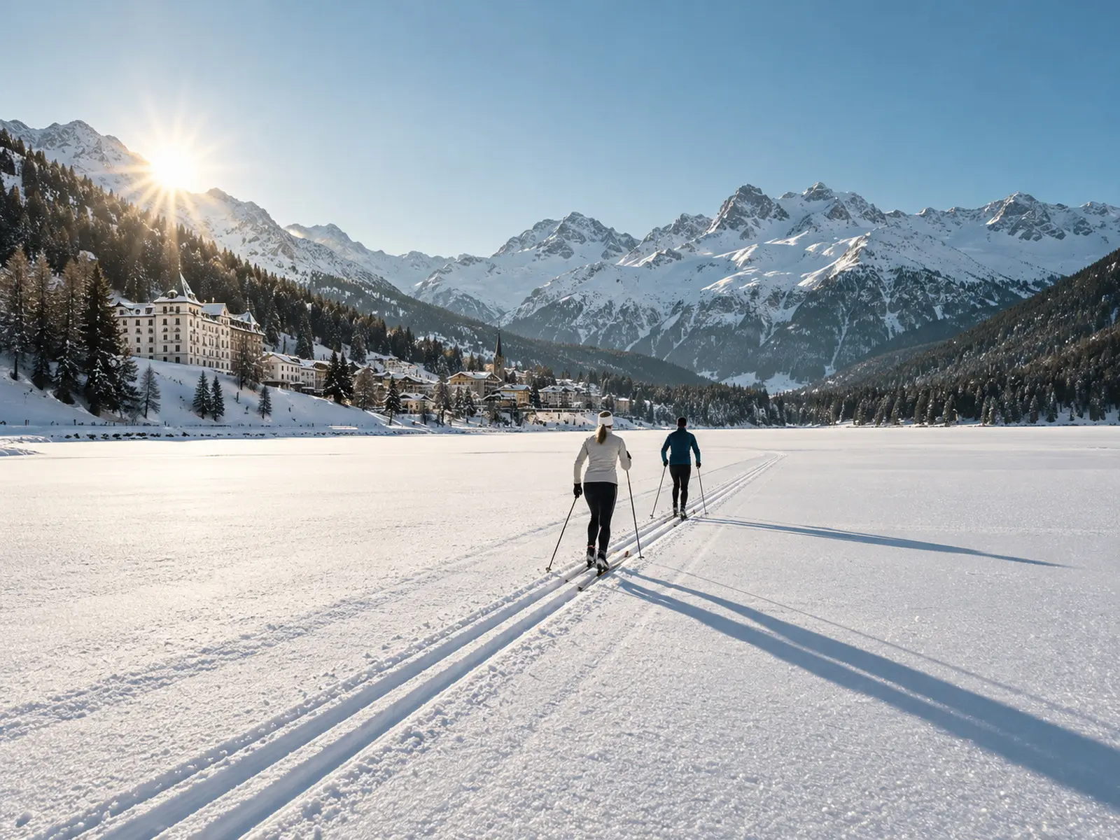 Two cross-country skiers on a frozen lake in low sun