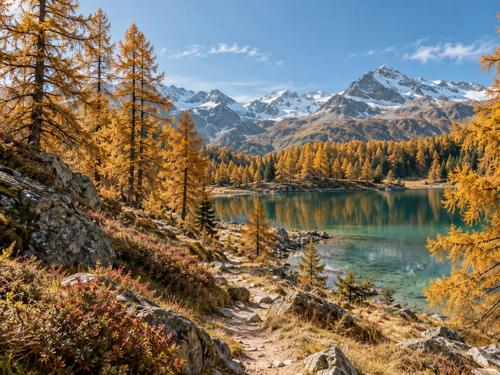 A trail through golden larches to Lej da Staz