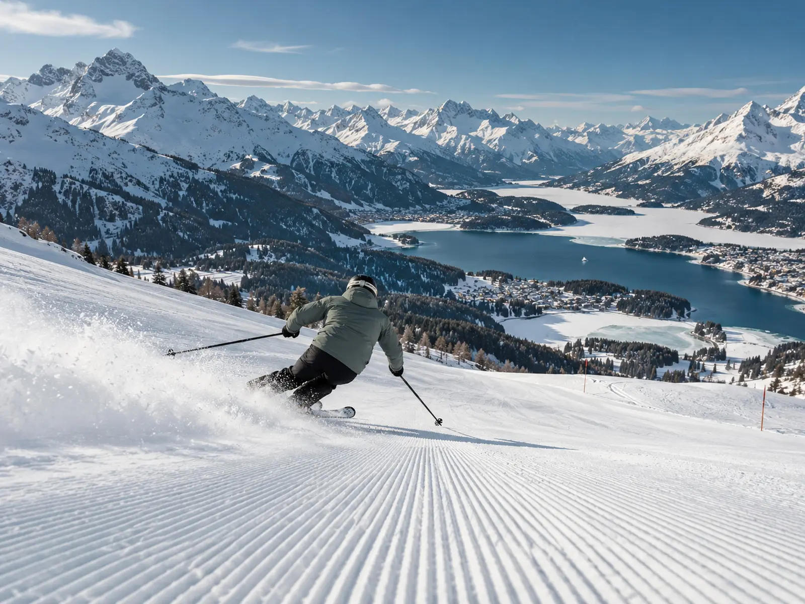 A skier carving fresh corduroy on Corviglia, the lakes below