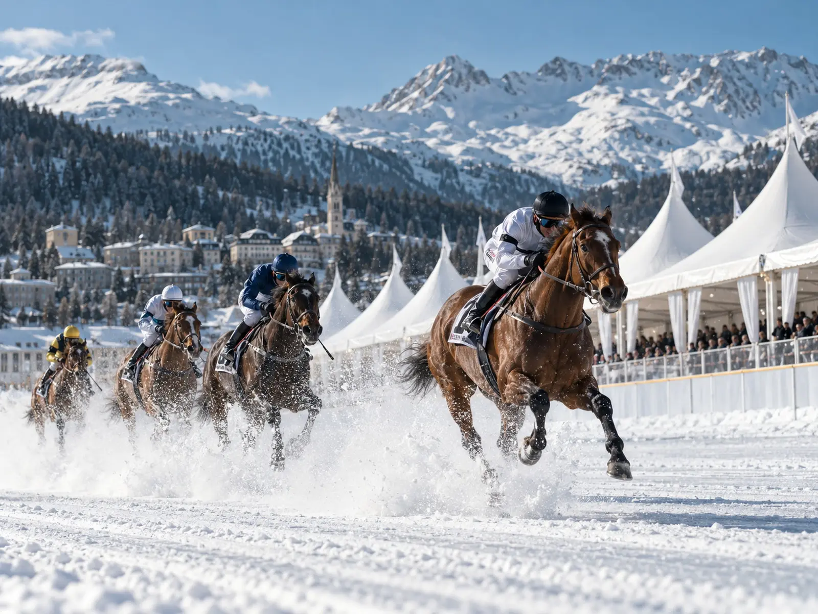 Thoroughbreds galloping on the snow track of the frozen lake