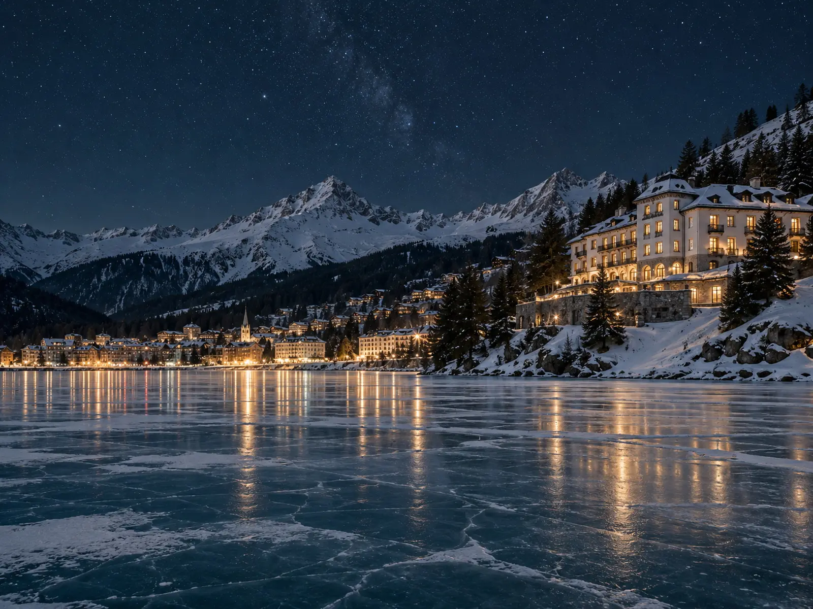 The frozen lake at night under the stars, the hotel lit on the slope