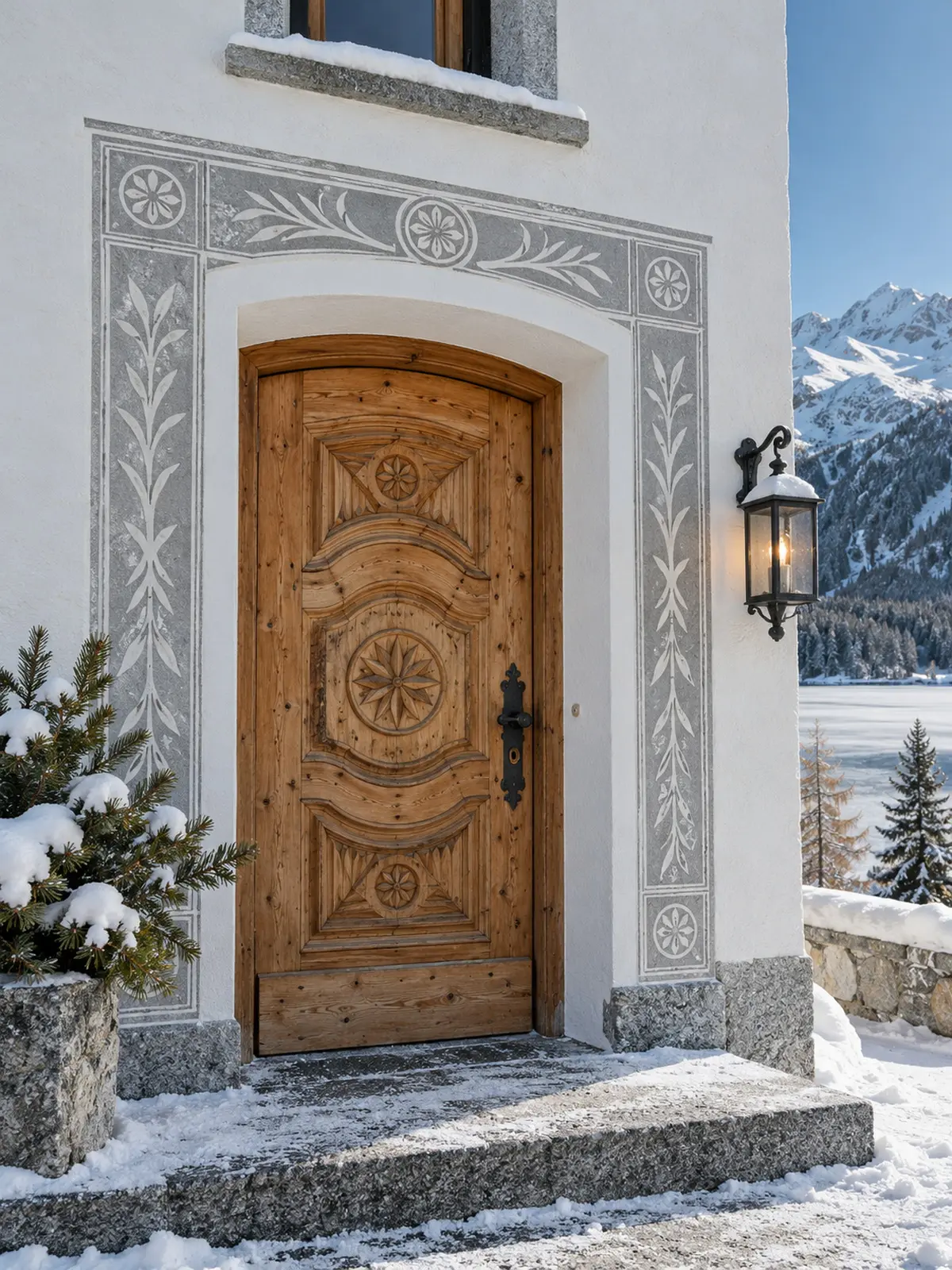 The carved larch front door in a white wall with a grey sgraffito border, snow on the step