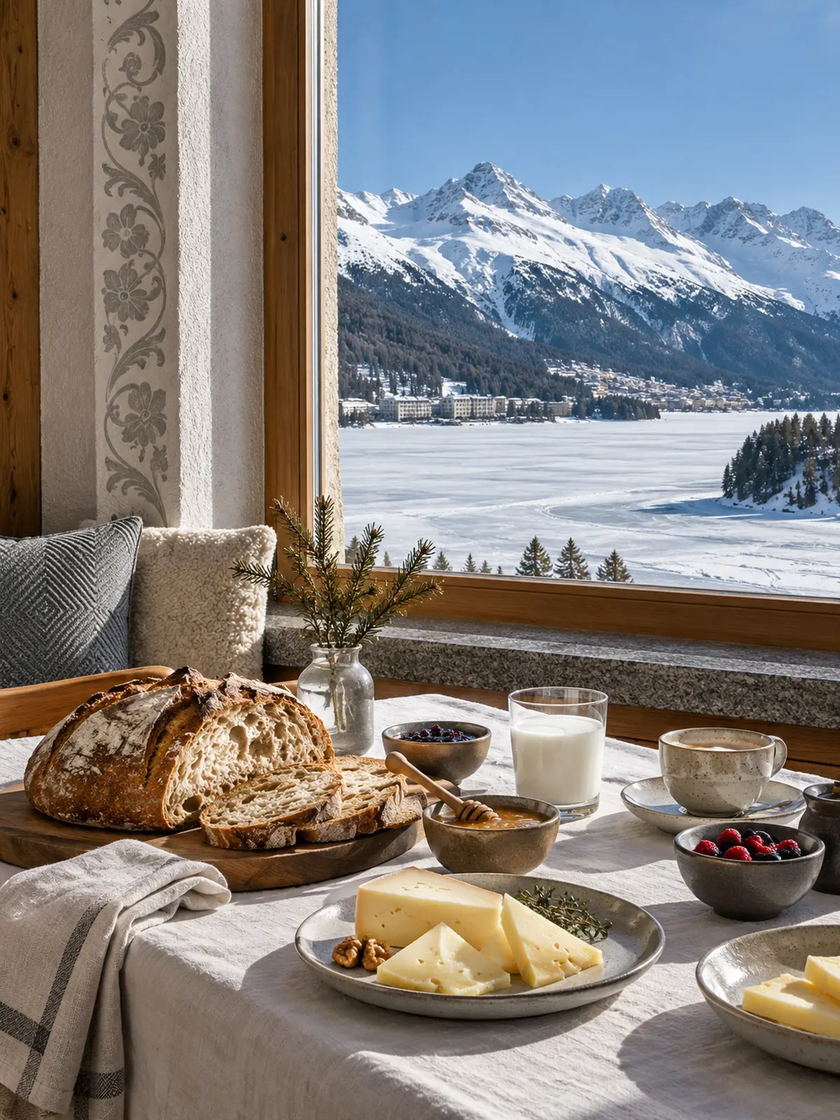 A breakfast table by a sunny window with bread, honey and mountain cheese, the frozen lake outside