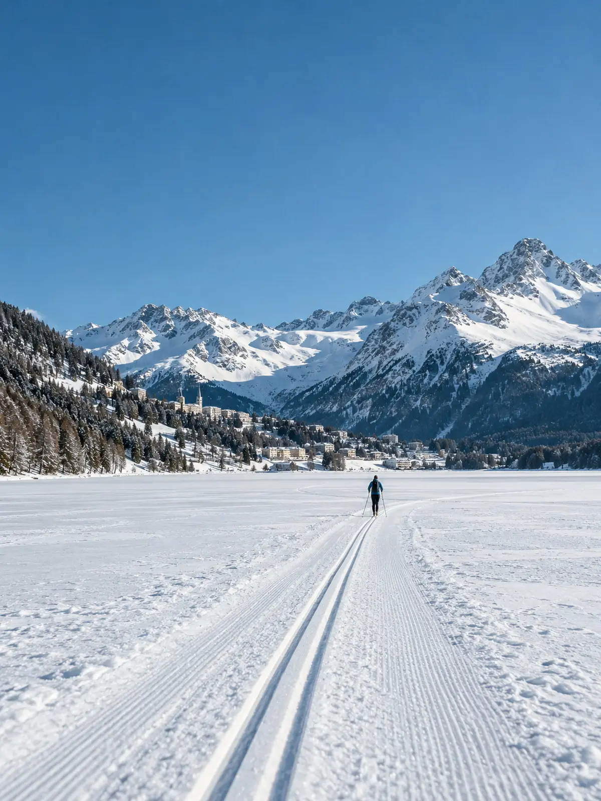 A single cross-country skier on a long track across a frozen lake under a deep blue sky