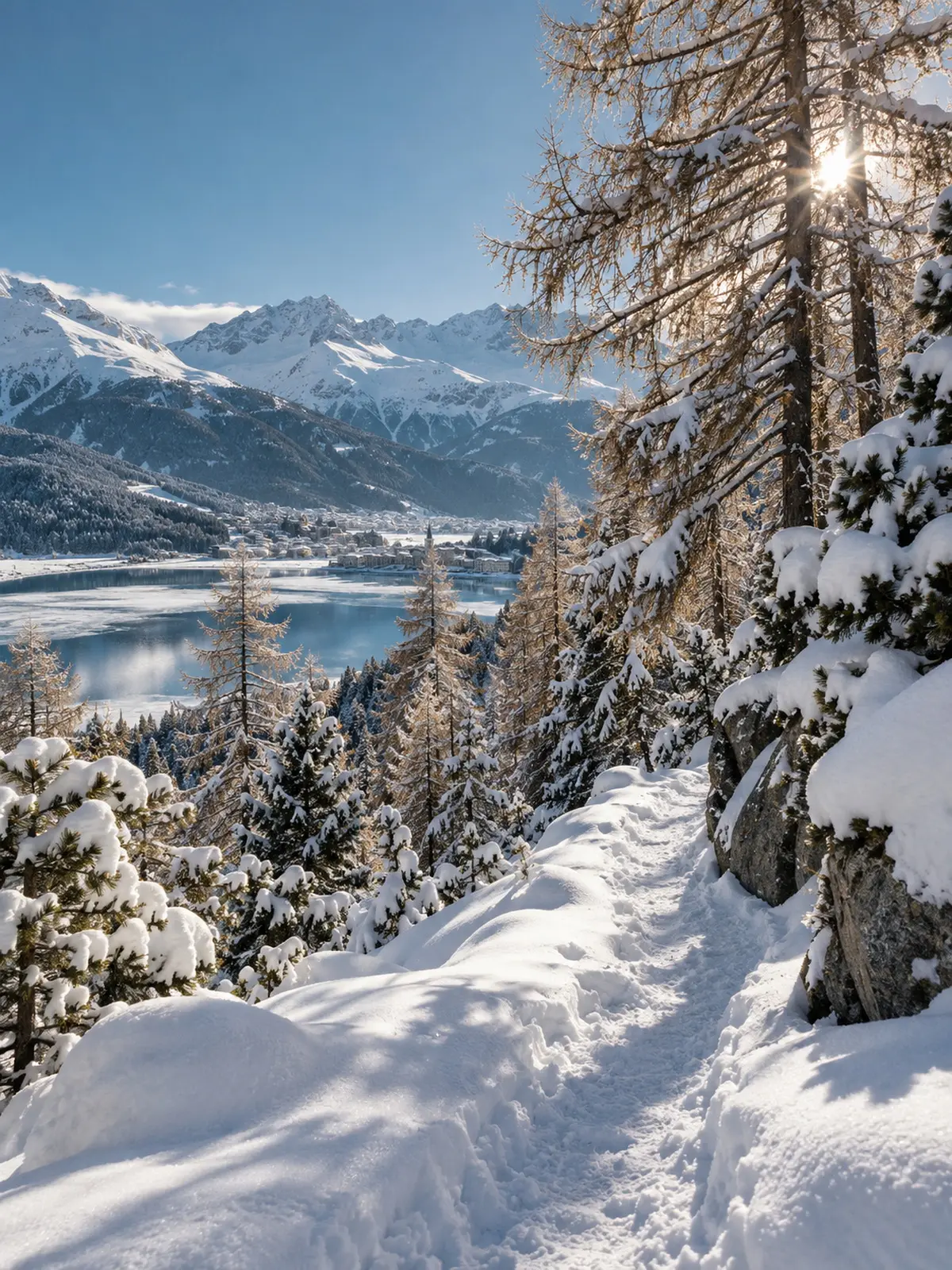 Snow-laden larch and stone pine on the slope above the hotel, sun through the branches