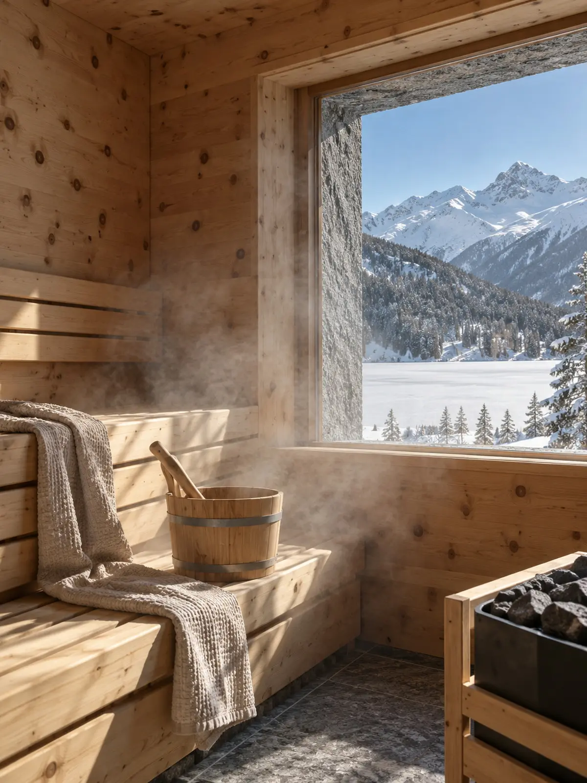 A stone-pine sauna with soft light, a wooden bucket and a small window onto snow