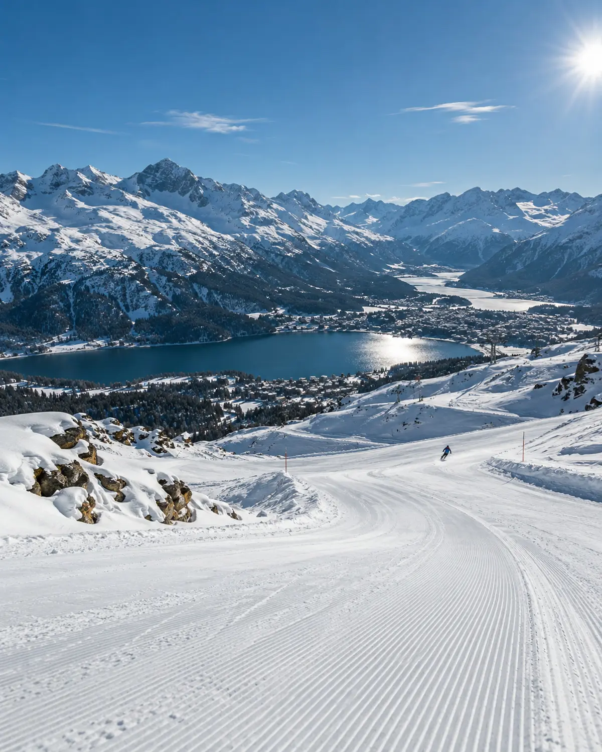 A groomed piste under a deep blue sky, the lakes far below