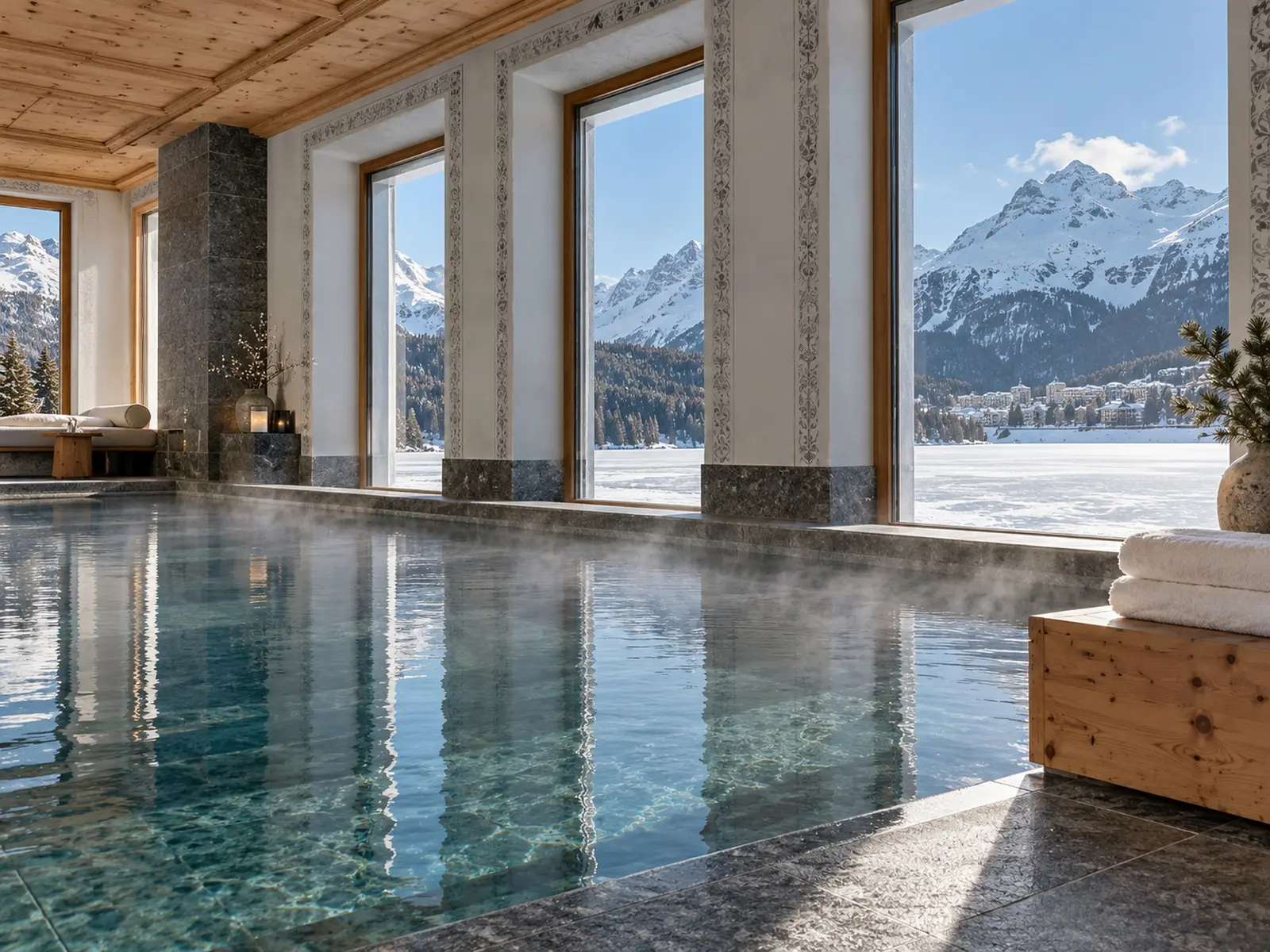 The indoor pool in grey granite, tall windows onto the snowy lake and peaks