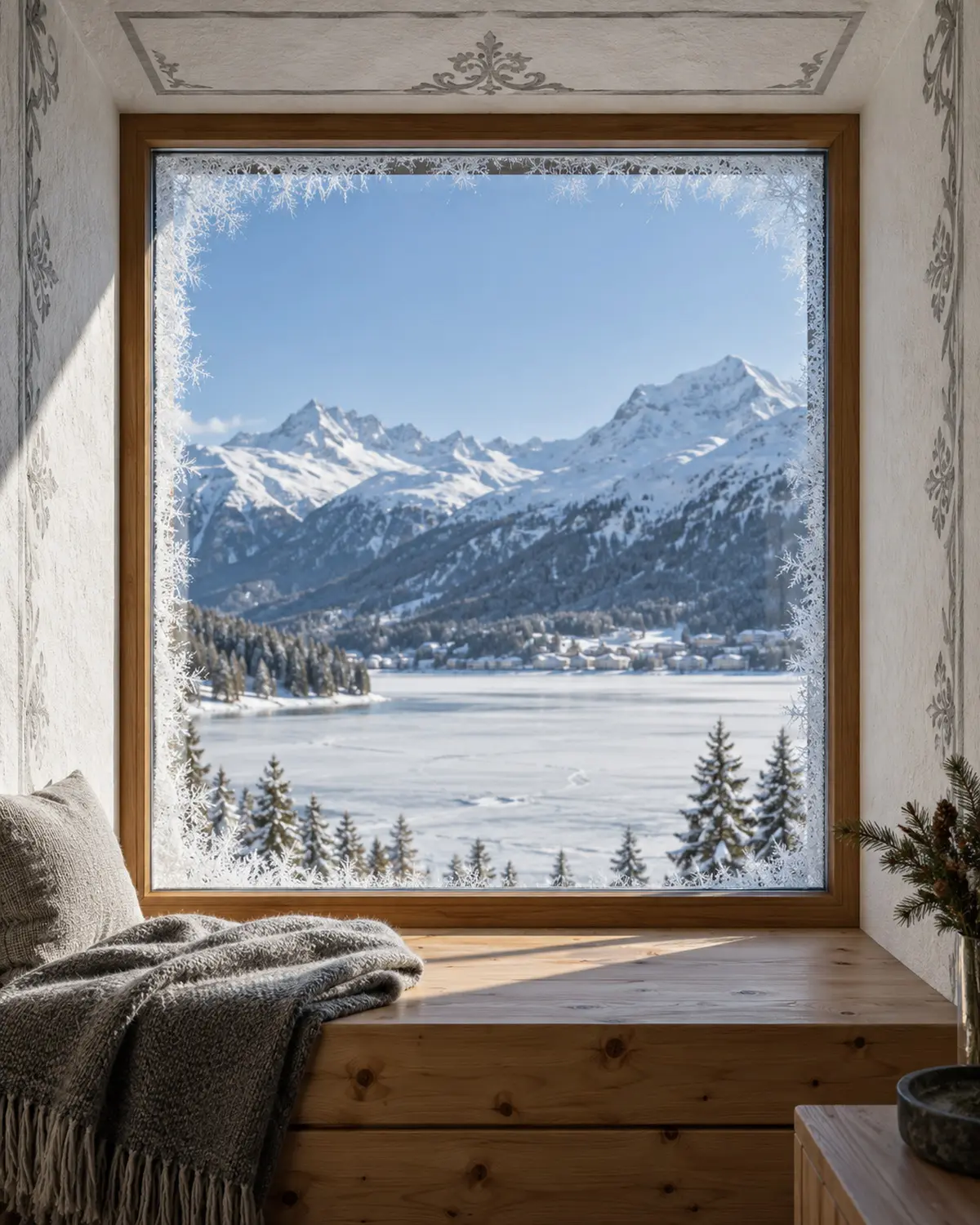 A frosted window with a stone-pine seat, the frozen lake outside