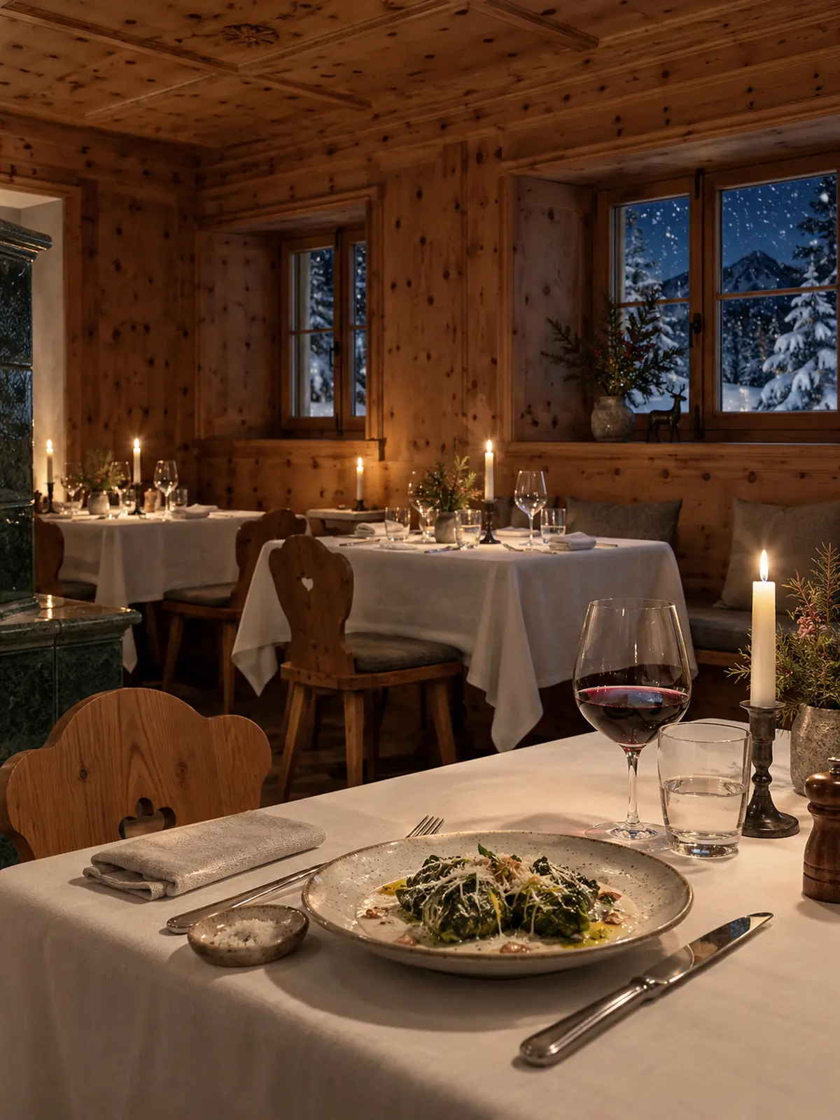 The candlelit stone-pine dining room at night, a plate of capuns and a glass of red wine