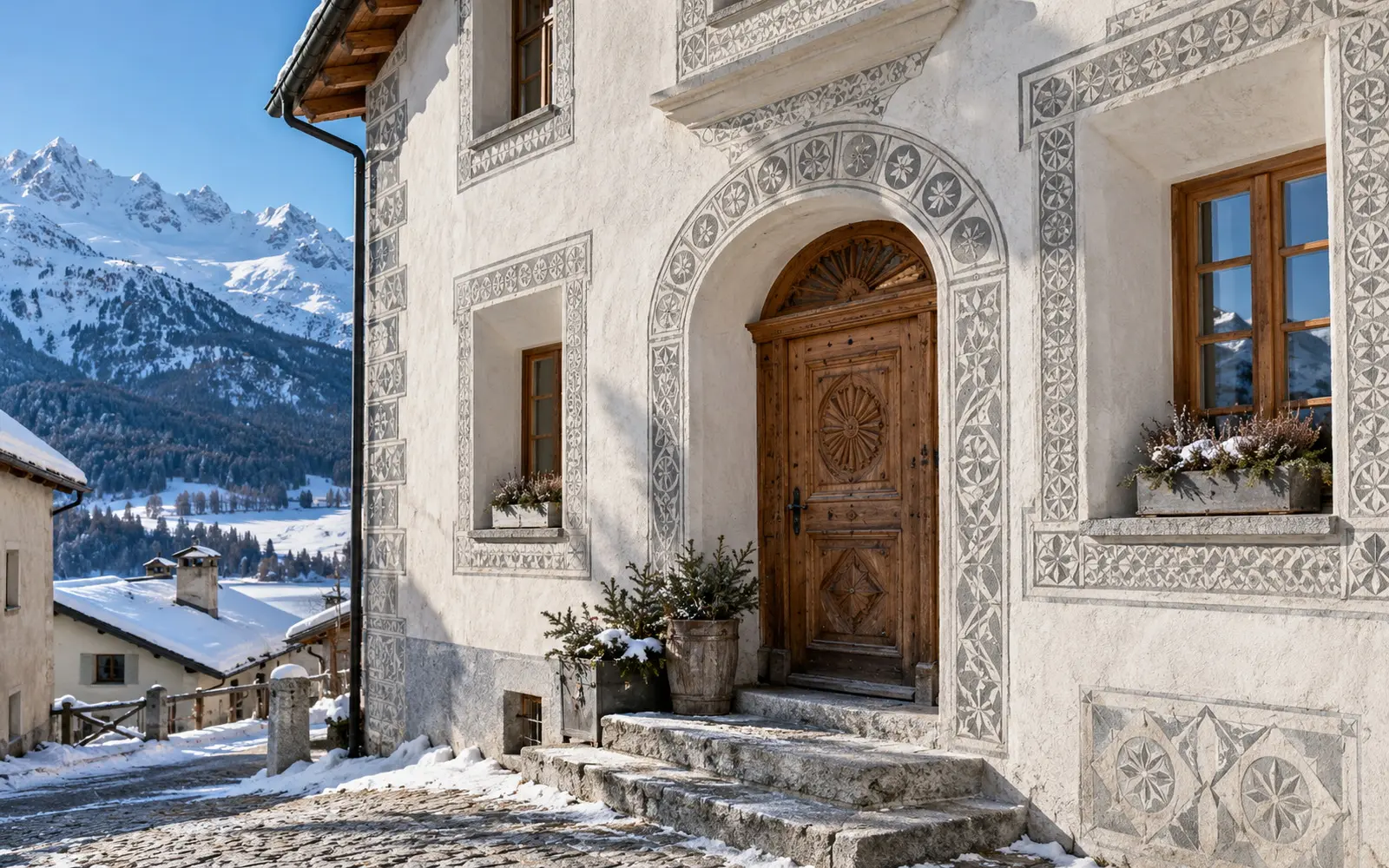 An old Engadin house with ornate grey sgraffito around its windows