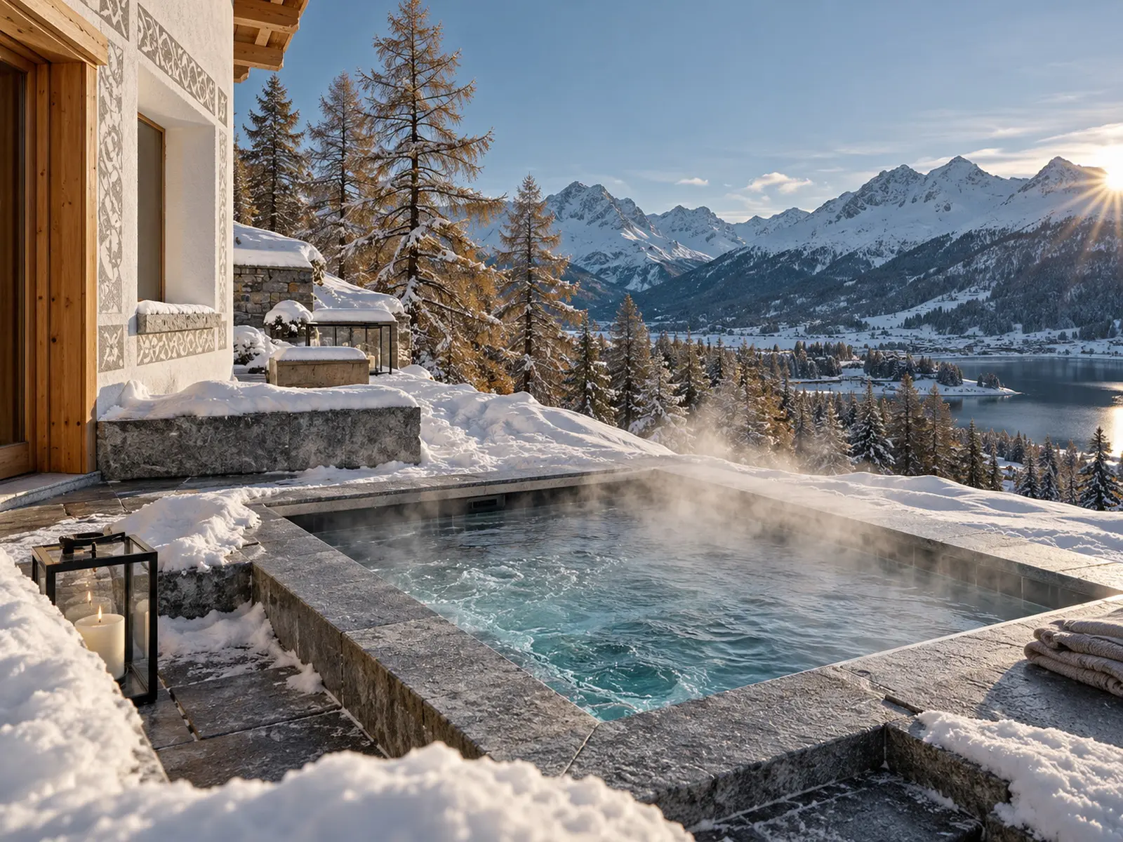 The outdoor hot tub steaming on the snowy terrace