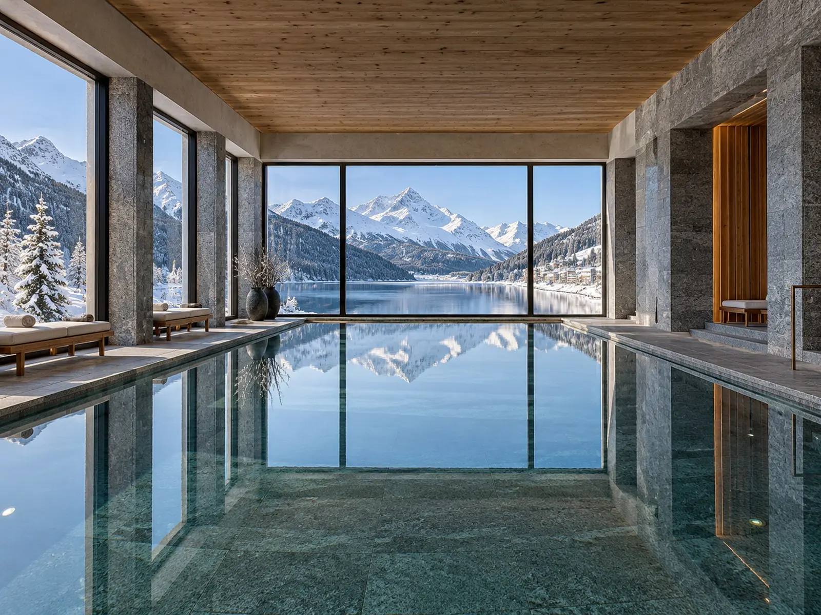 The indoor pool in grey granite with tall windows onto the snowy lake