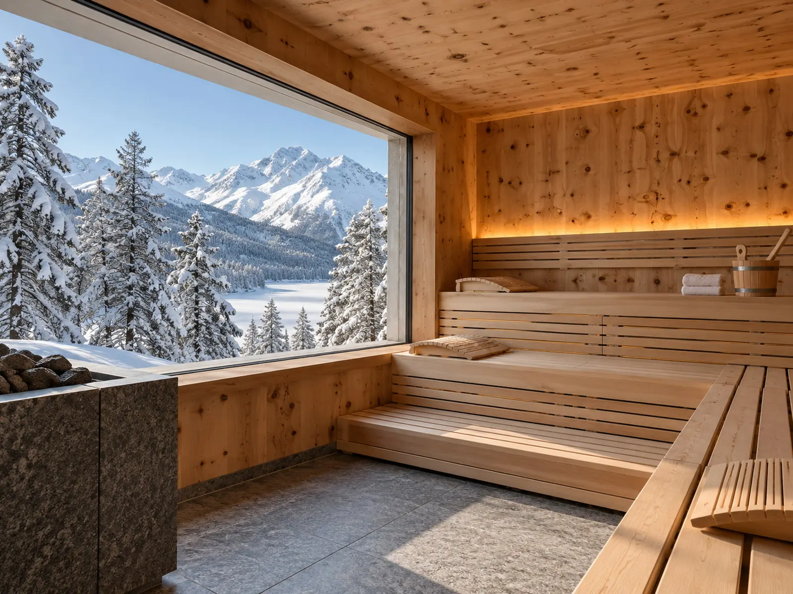 The stone-pine sauna with a window onto snowy trees