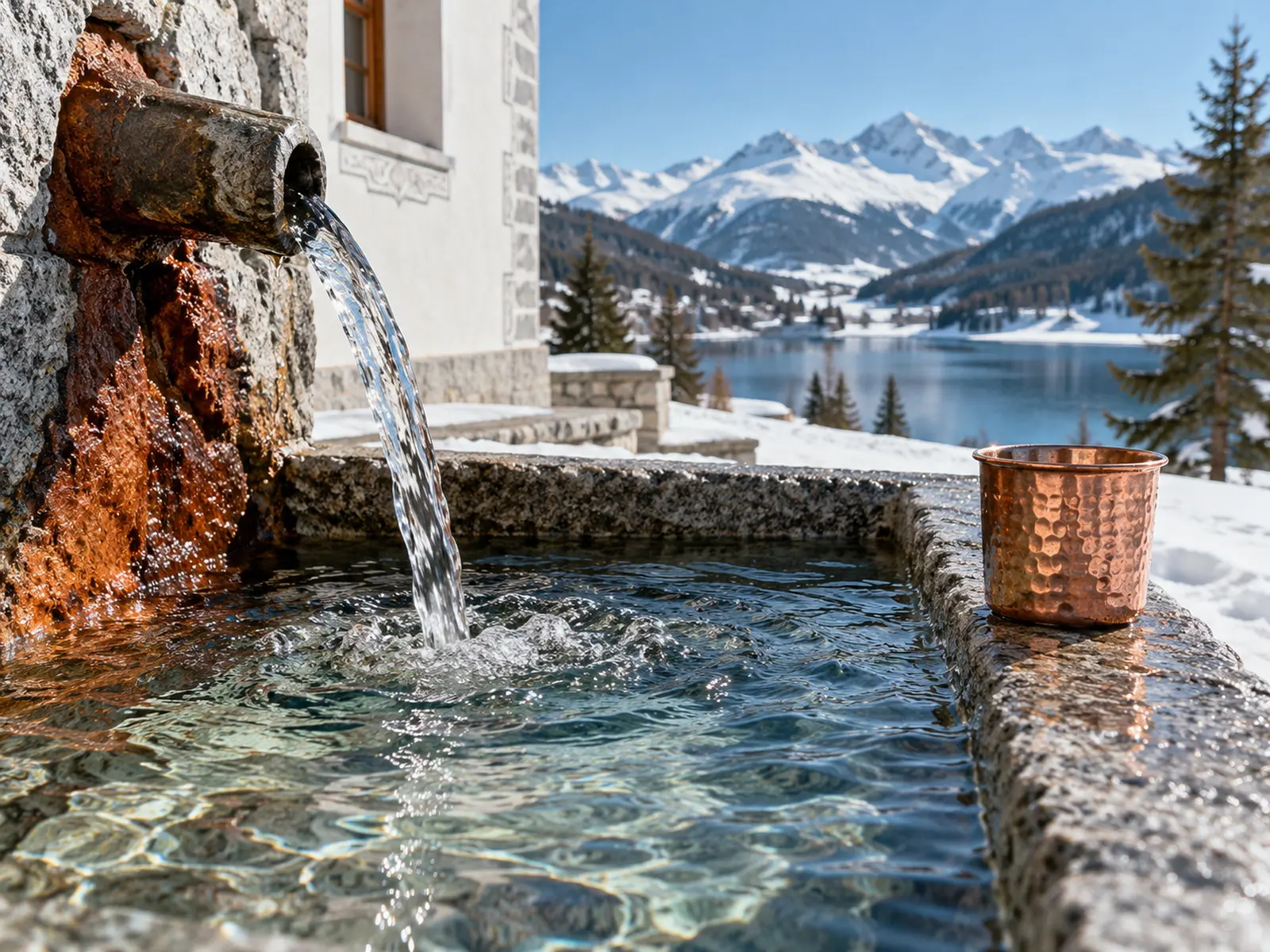 Clear mineral water flowing over iron-red stone into a granite basin